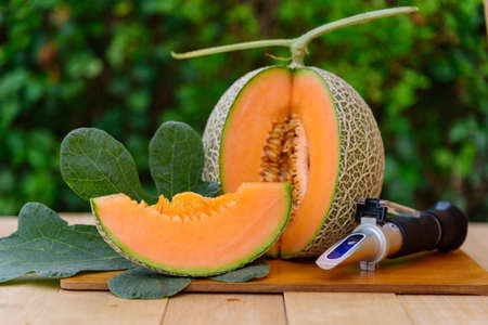Closeup to Fresh Orange melon on wood plateの写真素材