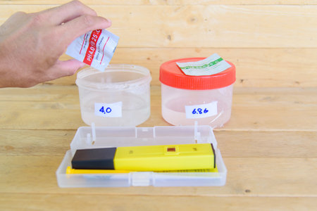 The man calibrate Ph meter before use it for testerの写真素材