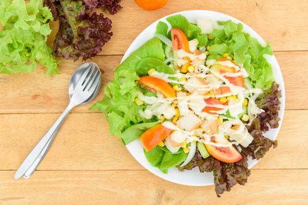 Mixed fresh vegetables salad in white dish on wood plateの写真素材