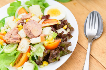 Closeup to tuna salad in the white dish on wood plateの写真素材