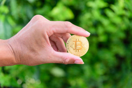 The man show Golden Bitcoin cryptocurrency in his handの写真素材