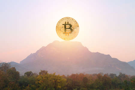 Bitcoin on high mountain like mean buy on top hillの写真素材