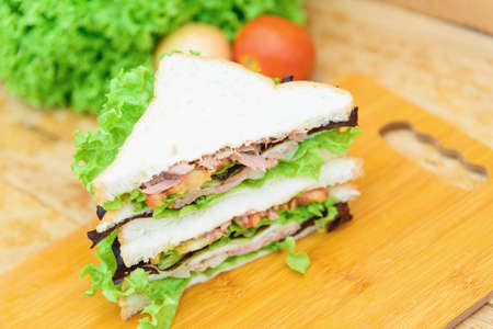 Closeup to Sandwich tuna in white dishの写真素材