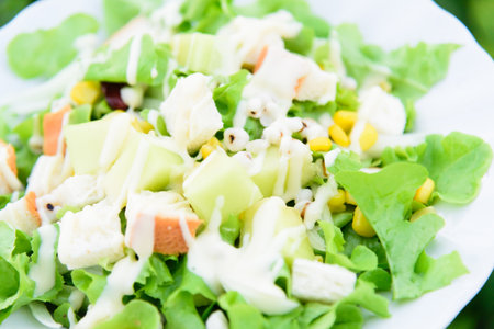Mixed fresh vegetables salad in white dish on wood plateの写真素材