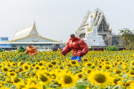 Nakhonpathom , Thailand - 20 Dec, 2022 :  Big Giant with sunflowers field at Wat Sriyakcharoernporn templeのeditorial素材