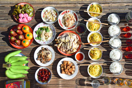 Bangkok , Thailand - 1 feb, 2022 : food for make offerings to the spirits in Chinese new year / pay respect to godのeditorial素材