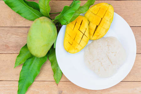 top view of Mango with Sticky Rice on tableの写真素材