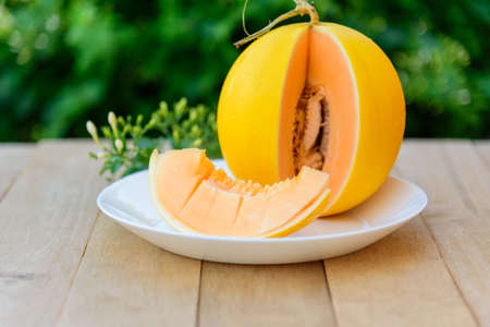 piece of fresh orange melon on the plateの写真素材