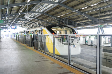 Bangkok,Thailand - 6June, 2023: Thai electric monorail train yellow line in Bangkokのeditorial素材