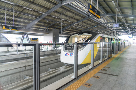 Bangkok,Thailand - 6June, 2023: Thai electric monorail train yellow line in Bangkokのeditorial素材
