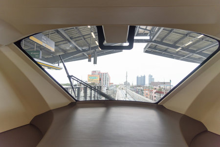 Bangkok,Thailand - 6June, 2023: View form front side of Thai electric monorail train yellow line trafficのeditorial素材
