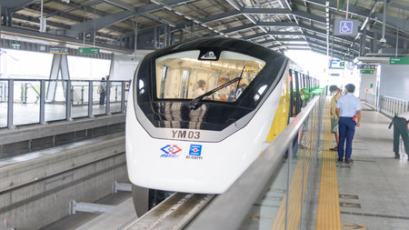 Bangkok,Thailand - 6June, 2023: Thai electric monorail train yellow line in Bangkokのeditorial素材