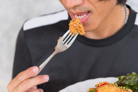 eating the Spicy Fried Chicken Salad in the dishの写真素材