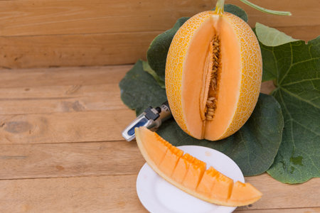 piece of fresh orange melon on the plateの写真素材