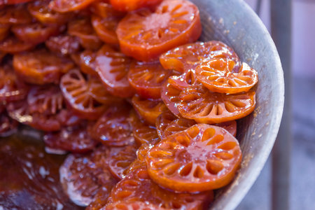 Closeup to Fruit in Syrup in the panの写真素材