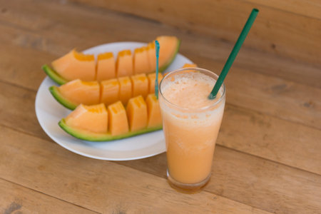 Milk melon Smoothie in glassの写真素材