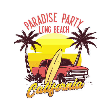 paradise party long beach california design t shirt poster vintageのイラスト素材