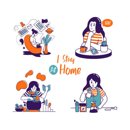 I stay at home lockdown pandemic covid 19 illustrationのイラスト素材