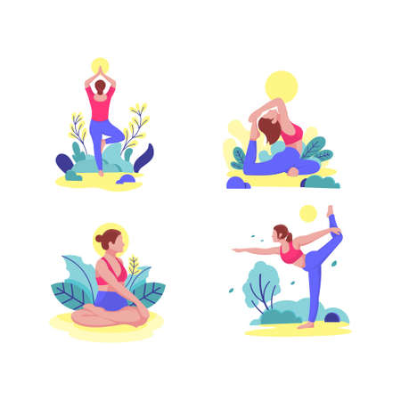 woman yoga pose out door illustration flat designのイラスト素材