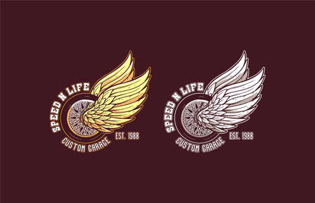 speed and life custom motorcycle logo vintage modern wheel wings illustrationのイラスト素材