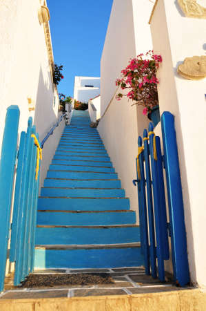 blue stairs at katapola, amorgos island, Greeceの写真素材