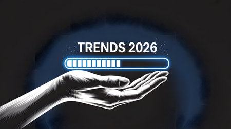 Conceptual image of a hand holding a progress bar with the word Trends 2020の素材