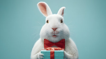 White rabbit with red bow tie and gift box on blue background.の素材