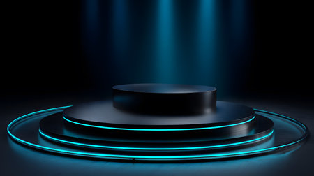 Black podium with blue neon lights on dark background. 3d renderingの素材