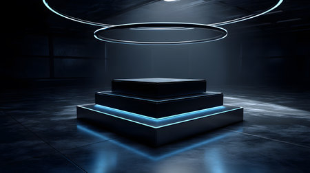 3d rendering of a podium in an empty room with neon lightsの素材