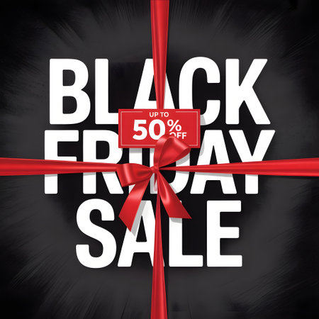 Black Friday Sale Poster with Red Ribbon on Black Background. Vector Illustrationの素材
