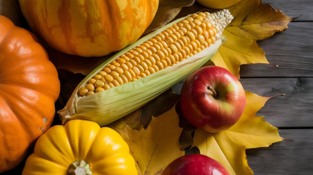 Autumn still life with pumpkins, apples and corn on wooden backgroundの素材