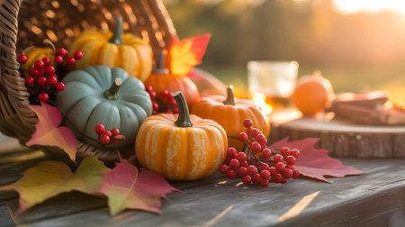 Autumn still life with pumpkins, berries and leaves on wooden backgroundの素材