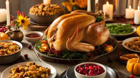 Thanksgiving dinner with roasted turkey and cranberry sauce on wooden tableの素材