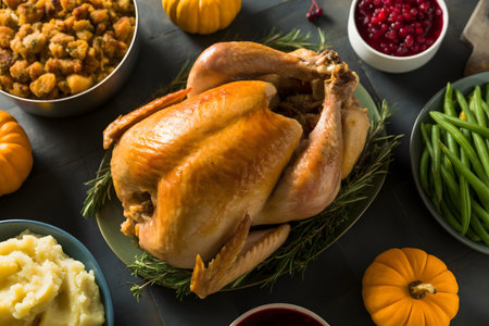 Baked turkey or chicken with mashed potatoes, cranberries and green beansの素材