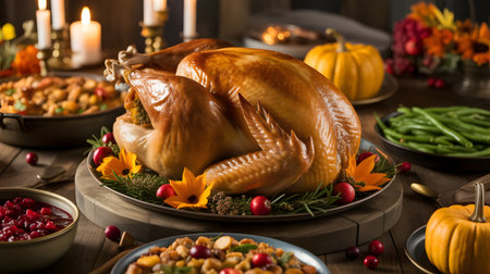 Thanksgiving dinner with roasted turkey on rustic wooden table, horizontalの素材