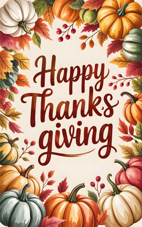 Happy Thanksgiving card with pumpkins and autumn leaves.の素材