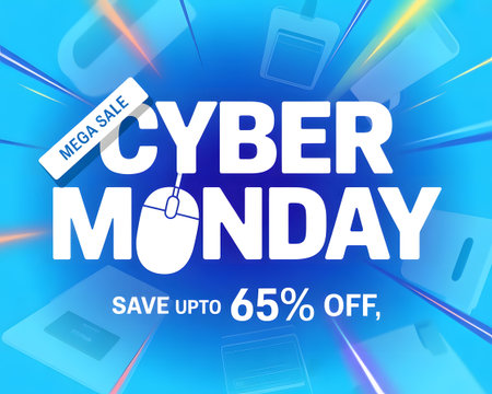Cyber Monday sale banner with computer mouse in blue background.の素材