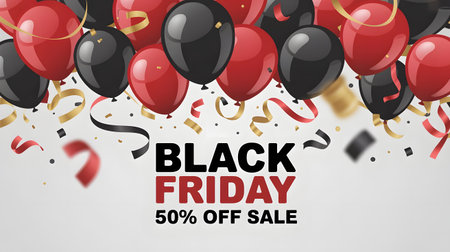 Black Friday Sale Poster with Balloons and Confetti.の素材