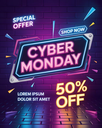 cyber monday sale neon lights banner illustrationの素材