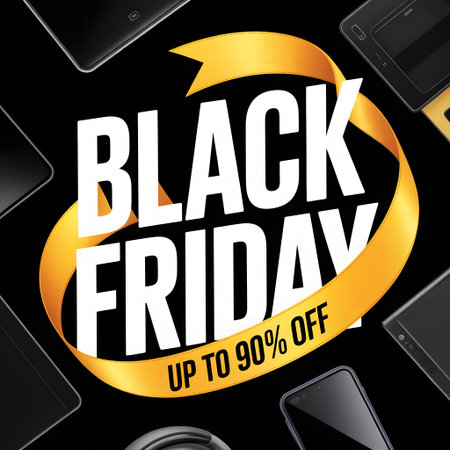 Black Friday Sale Poster with Golden Ribbon and Mobile Devices on Black Backgroundの素材