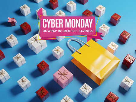 Cyber Monday sale concept with gift boxes and shopping bag on blue backgroundの素材
