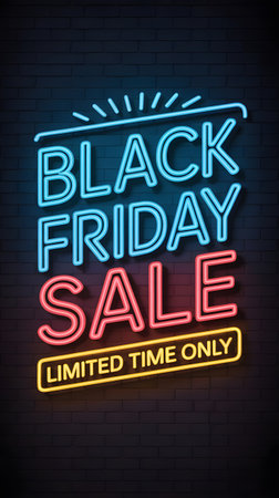 Black friday sale neon sign with blue, red, and yellow lights, stating limited time only against a dark background, promoting seasonal shoppingの素材