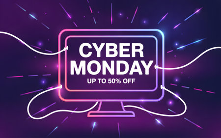 Cyber monday sale advertisement featuring a neonoutlined computer monitor displaying cyber monday up to 50 off with glowing lights and abstract backgroundの素材