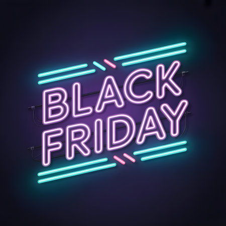 Black friday neon sign angled with vibrant pink and cyan lights, representing shopping deals and holiday sales on a dark purple backgroundの素材