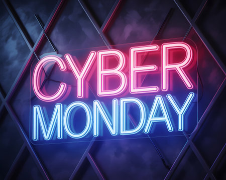 Cyber monday neon sign glowing with pink and blue lights on a dark textured background, representing online shopping and digital sales eventsの素材