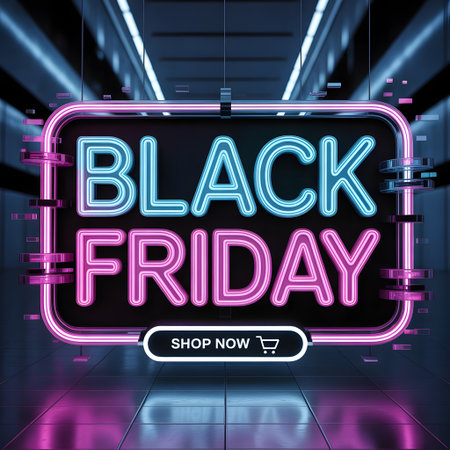 Black friday sale neon sign with black friday text and shop now button, set in a futuristic tunnel with pink and blue lighting, promoting retail eventの素材