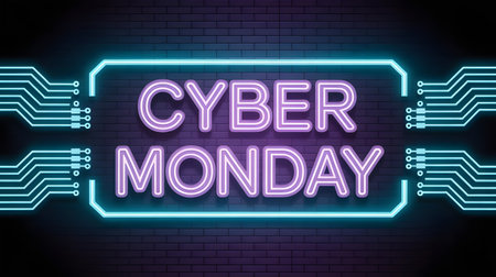 Cyber monday neon sign with circuit board elements, representing online shopping and digital sales events, glowing in purple and blueの素材
