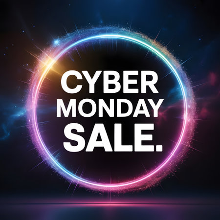 Cyber monday sale text with glowing neon circle and abstract background, representing online shopping and discounts during the holiday seasonの素材
