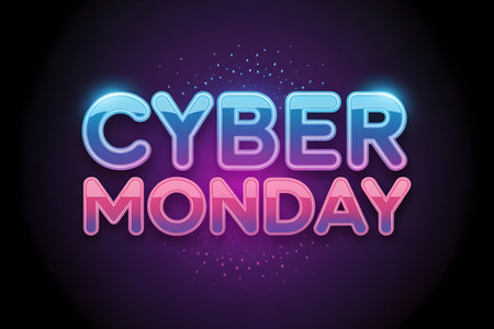 Cyber monday text with glowing blue and pink gradient effect and sparkling particles on a dark purple background, representing online salesの素材