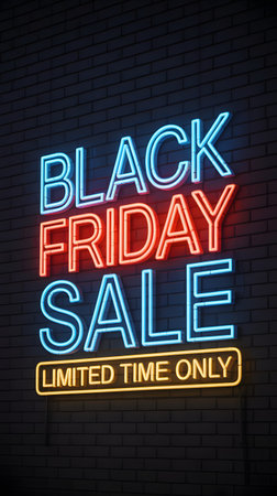 Black friday sale neon sign with limited time only text glowing on a dark brick wall background, advertising a seasonal shopping eventの素材